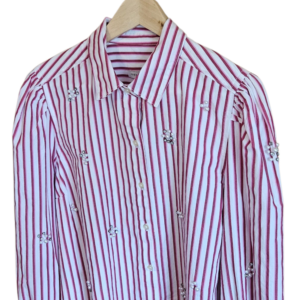 Free Assembly Large 12/14 Pink Striped Pearl Rhinestone Embellished Cotton Shirt - Picture 2 of 6